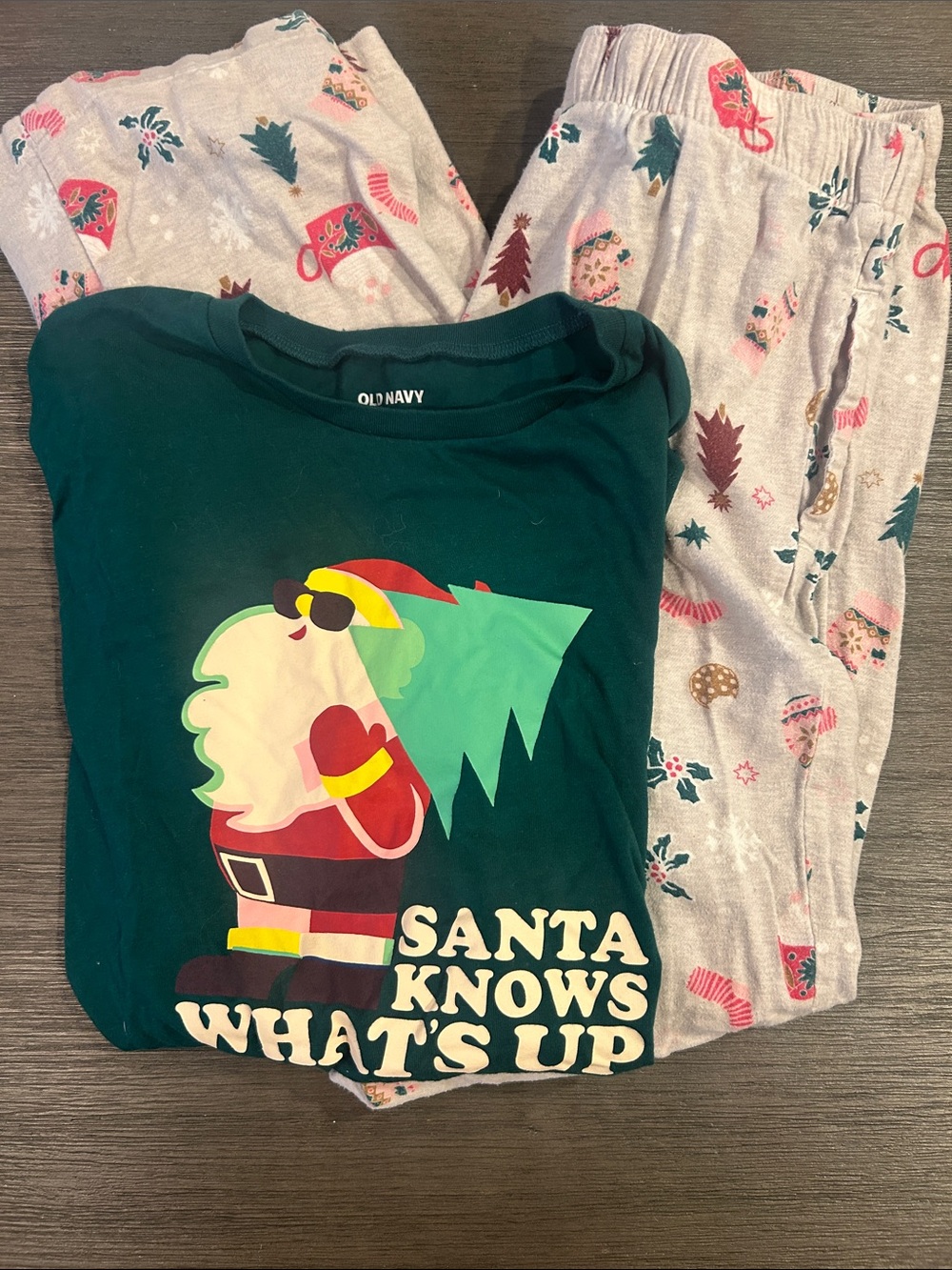 Old Navy Dark Green Santa Graphic Pajama Set with Light Gray Holiday Print Pants
